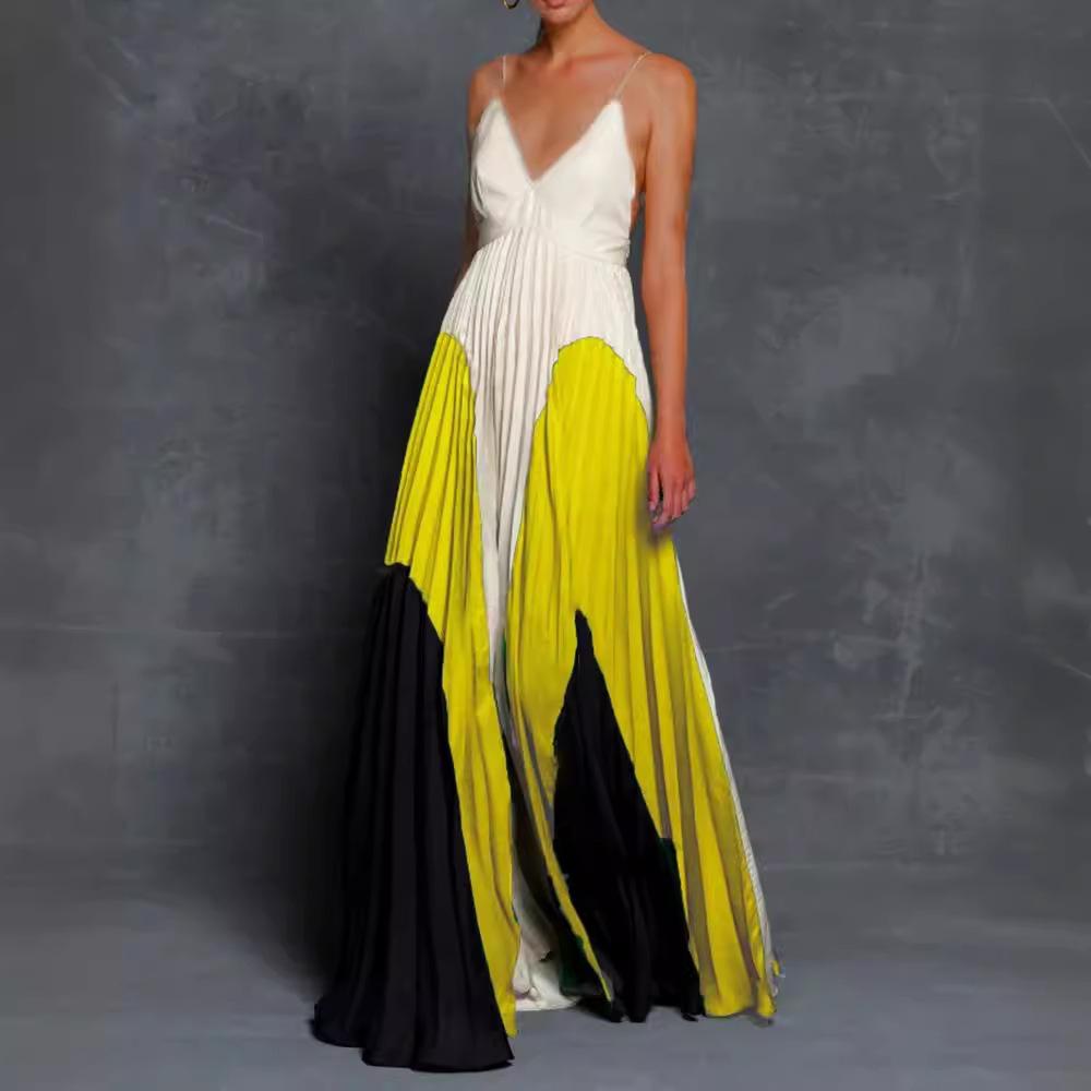 Summer European and American women's clothing wish digital printing slim and thin long color matching pleated suspender dress
