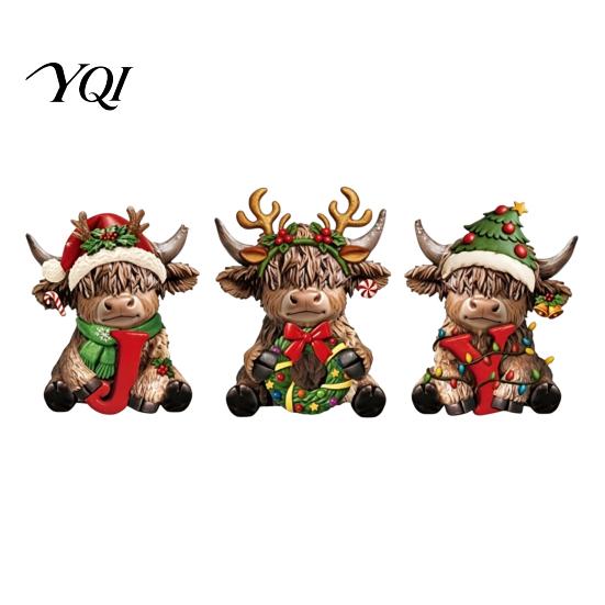 Decorative Pieces for Interior 3Pcs Christmas Highland Cow Figurine, Resin Yak Statues with JOY Letter Sign, Small Ornaments Bookshelf Farmhouse