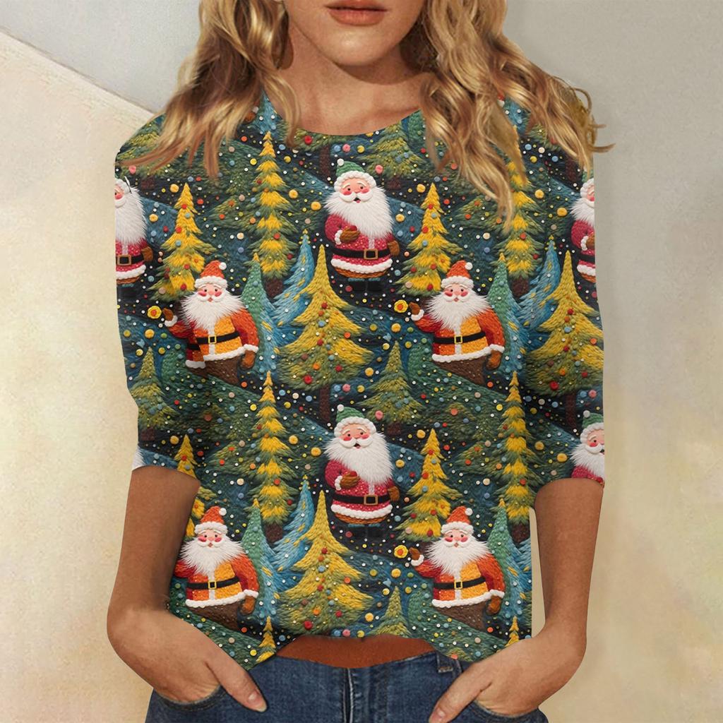 Women's Fashionable Casual Three-Quarter Sleeve Christmas Print Round Neck Top