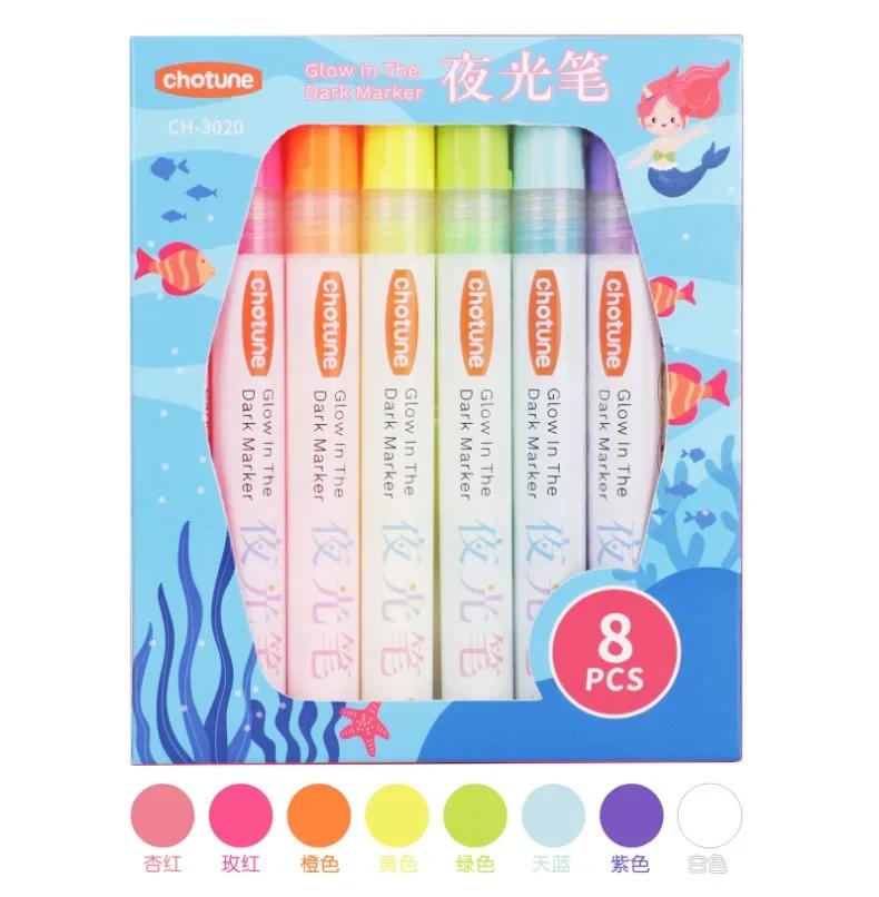 8 цветов/набор Неоновые УФ Флуоресцентные Акриловые Ручки-краски Маркеры для рисования Светящиеся в темноте Яркие DIY Светящиеся маркеры Художественные принадлежности