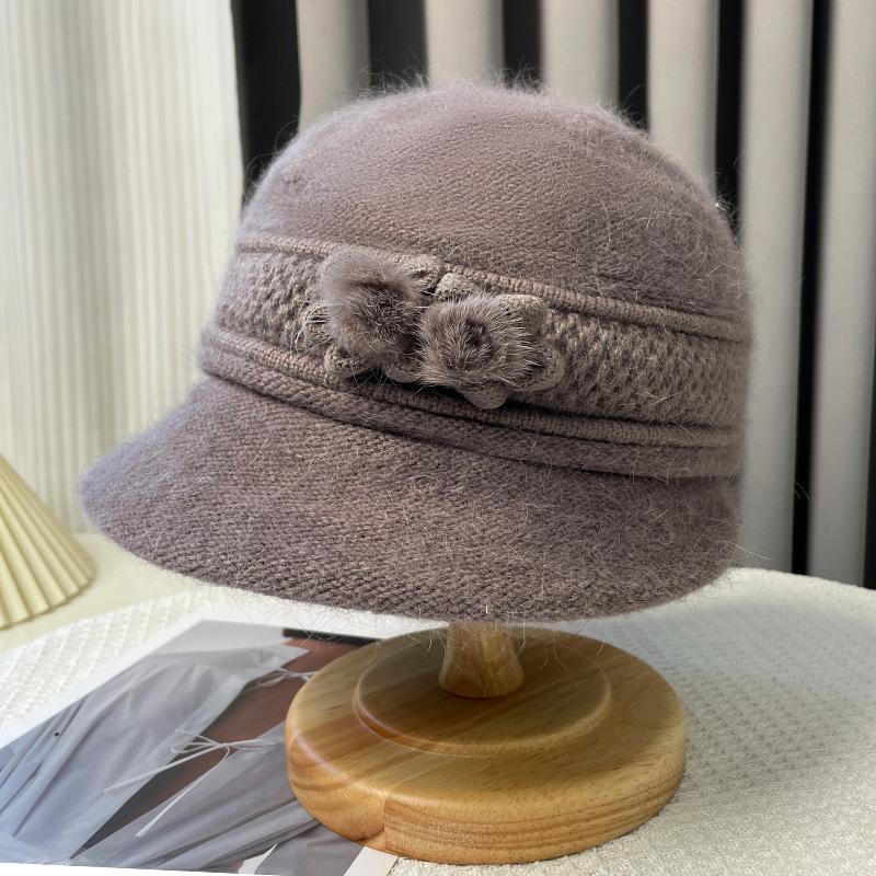 Harbon Bear Knitted Mom Hat with Rabbit Hair Windproof Old Lady Wool Hat