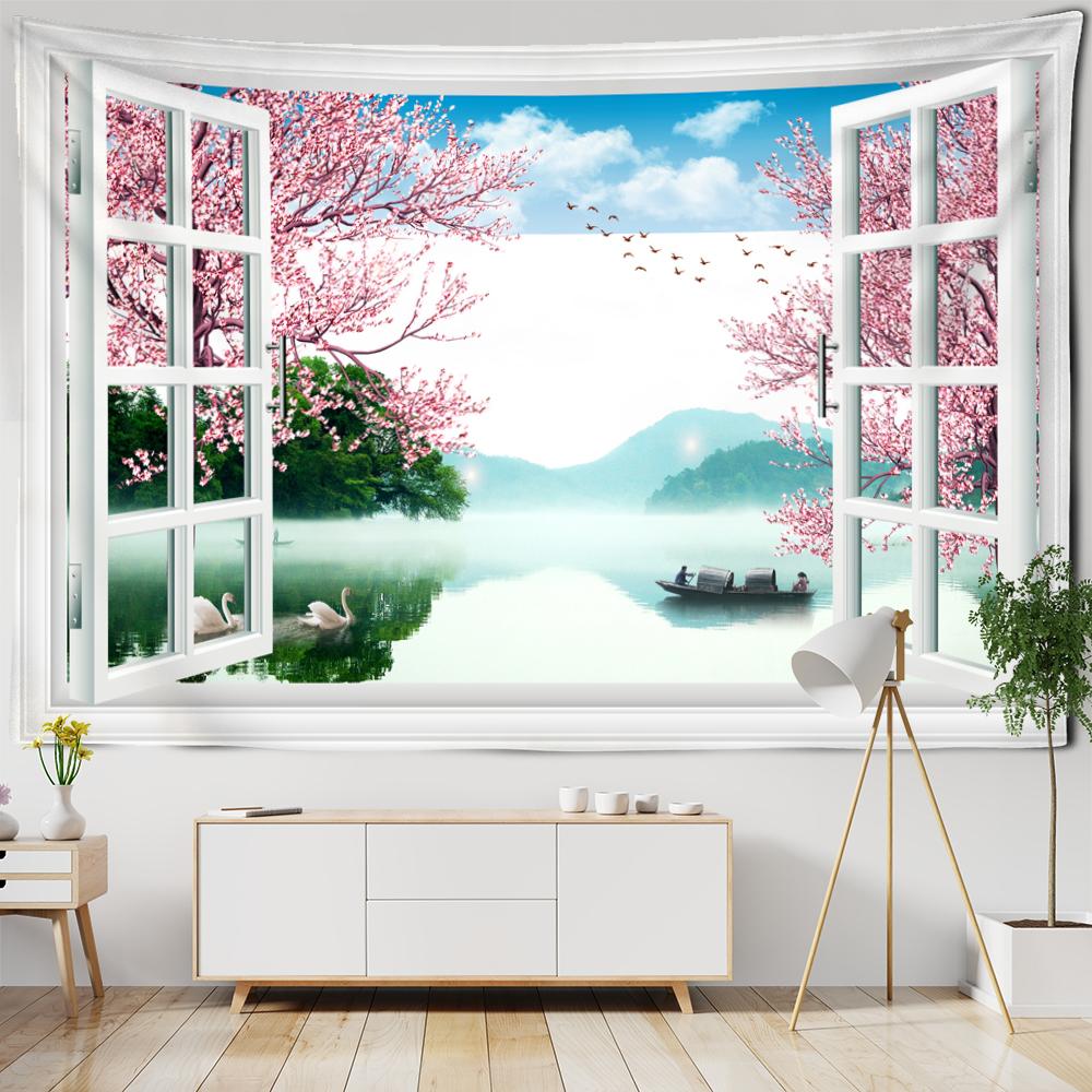 Scenery Tapestry Hanging On the Wall Outside the Window with Bohemian Style Curtains and Mandala Room Decoration Tapestry