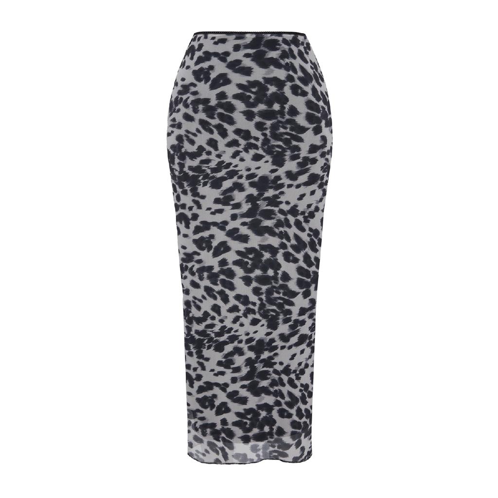 Black Waist Detailed Printed Stretchy Tulle Maxi Knitted Skirt Twoaw24et00124