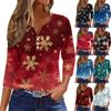 Women's Fashion Casual Christmas Tree Print V-Neck Decorative Button Three-Quarter Sleeve T-Shirt Top