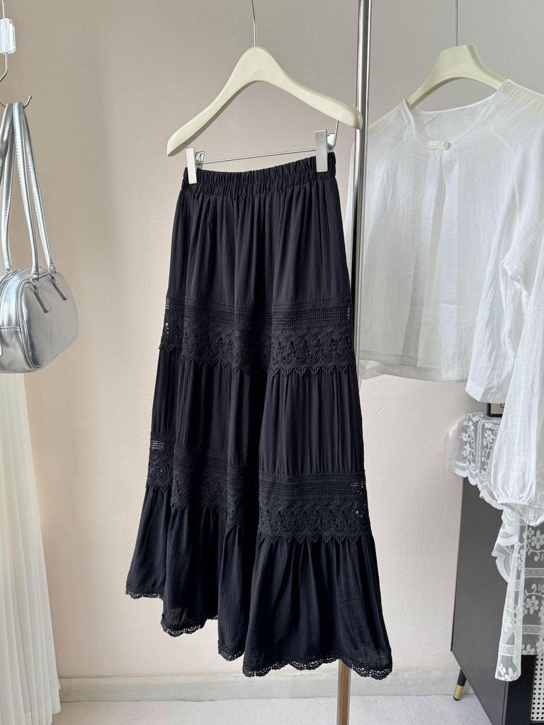 Юбка-миди А-силуэта в корейском стиле с кружевной отделкой 2026 - С высокой талией, многоярусный дизайн "торт"