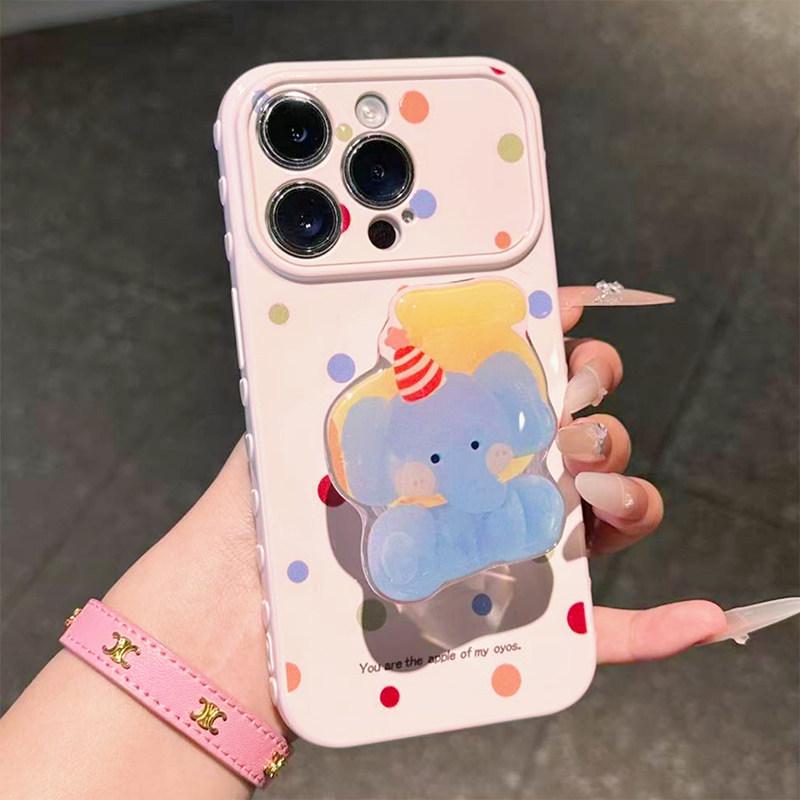 Применимо к новому мультяшному чехлу для мобильного телефона iPhone17ProMax, цветной горошек, держатель в виде слоненка, Apple 16 мягкий чехол 14.