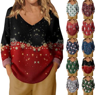 Женский повседневный пуловер с V-образным вырезом и длинными рукавами, вязаный, с рождественским принтом