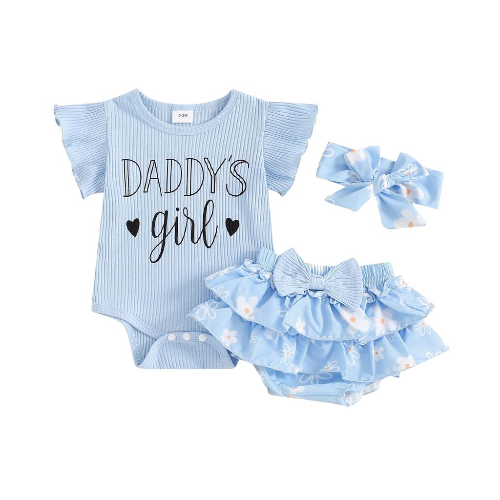 Наряды на День отца для маленьких девочек 3, 6, 9, 12, 18 месяцев, комбинезон с рукавами-крылышками и буквенным принтом, шорты с цветочным принтом и повязкой на голову, летний комплект из 3 предметов