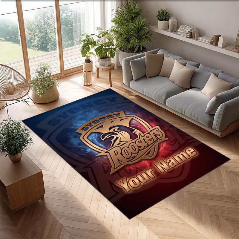 Sydney Roosters Crystal Velvet Rug, Custom Name Text Personalized Non‑Slip Floor Mat for Home Decor Gift