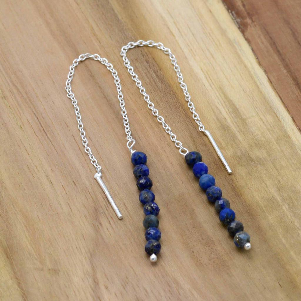 Lapsi Lazuli 925 Silver Threader Earrings, Natural Gemstone Women Handmade Fringe Earrings