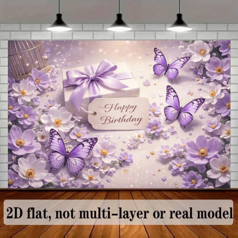 2D Elegant Purple Flower Butterfly Themed Birthday Decor Banner
