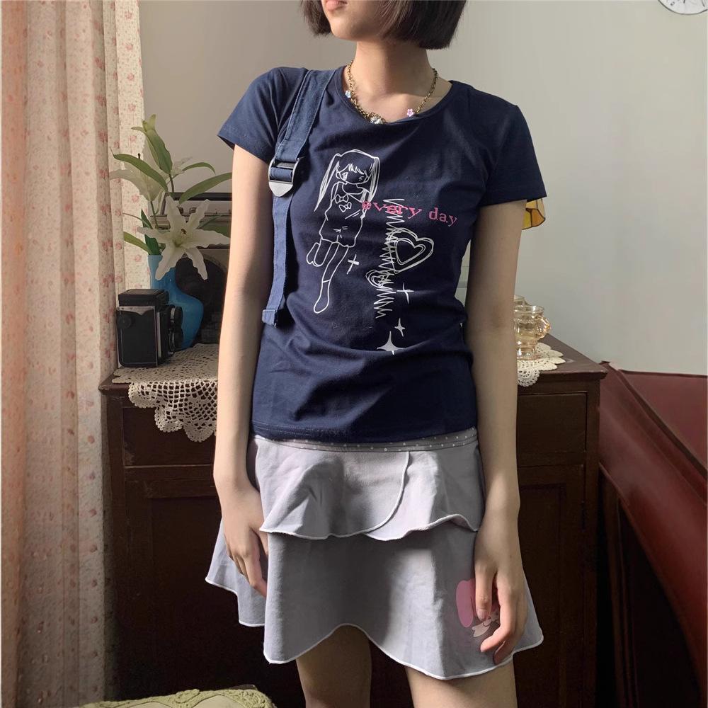 Summer new cotton short-sleeved t-shirt slim-fitting and thin American print pattern Spice Girl front shoulder crew neck top