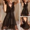 Women Nightdress V Neck Lace Ruffle Double-layered Bow-decor Sleeveless Solid Color Mesh Satin Backless Knee Length Lady Nightgown