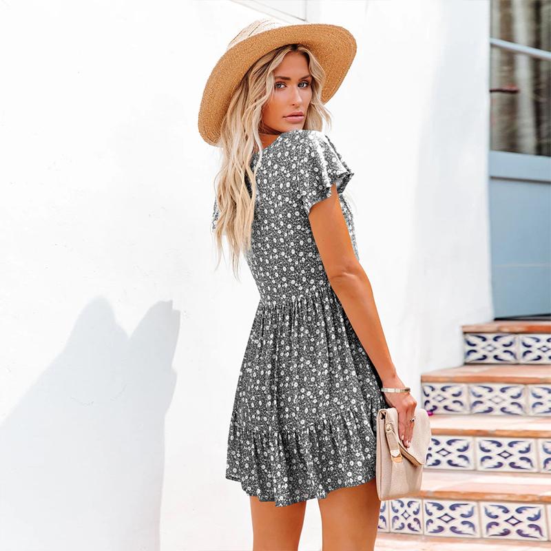 Summer Women'S Chiffon Dress Sexy V-Neck Floral Mini Beach Dresses Fashion Ruffles Button Loose Femme Sundress Vestido