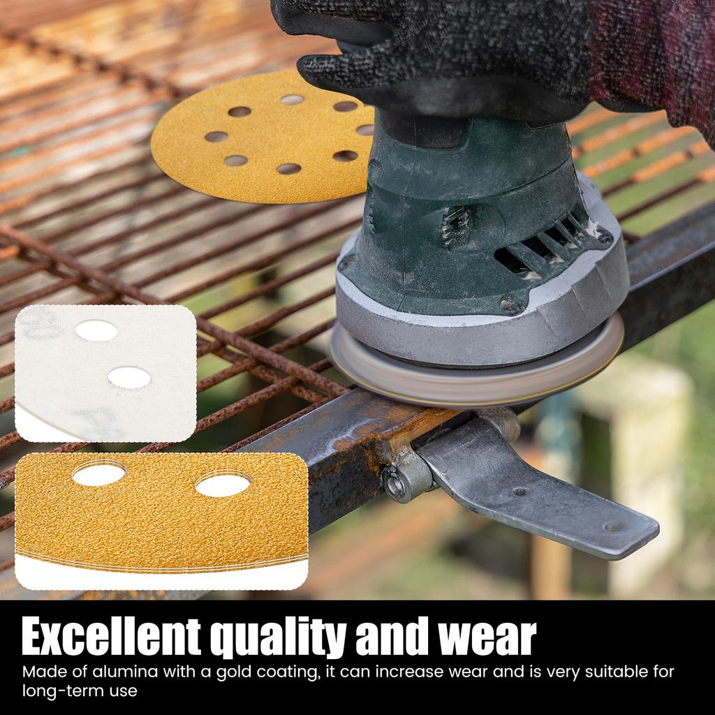 100Pcs 5inch 125mm 8 Hole Sanding Discs Sandpaper 60-320 Grits Gold Round Hook and Loop for Random Orbital Sander for Wood