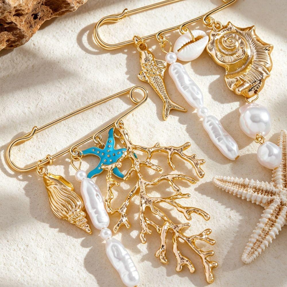 Metal Chain Tassel Imitation Pearl Brooch Gold Color Starfish Brooch Pin Gift Giving