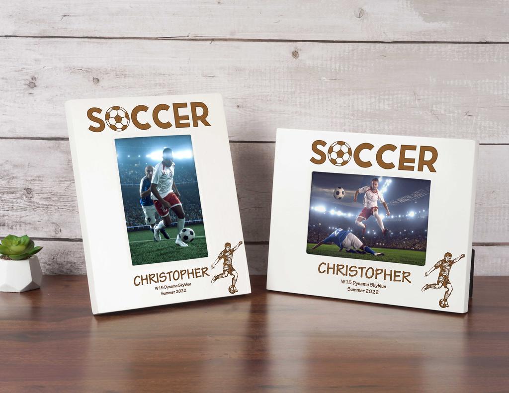 Darling Souvenir MADE WITH LOVE Personalized Wood Engraved Picture Frame, Table Top White Photo Frame (Soccer)