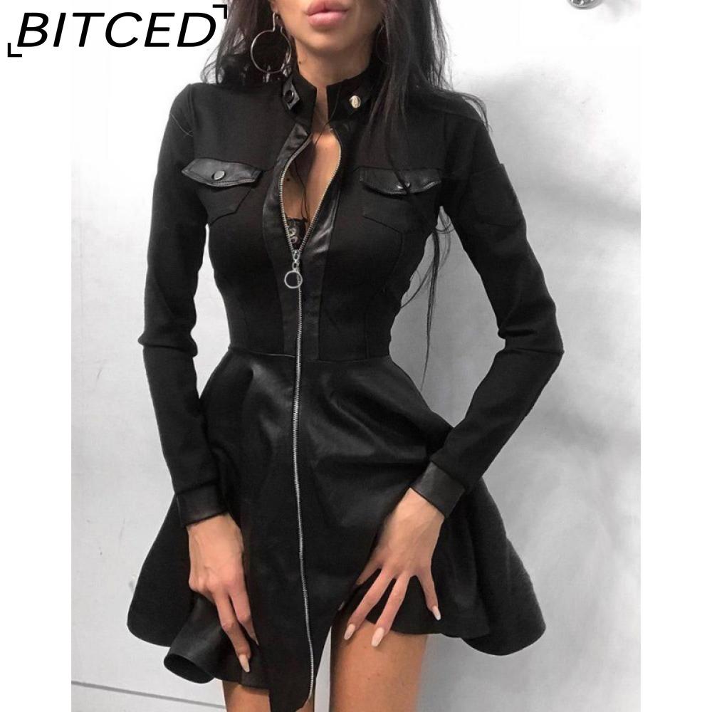 BITCED Модное женское кружевное мини-платье с длинным рукавом и молнией из искусственной кожи с большим подолом