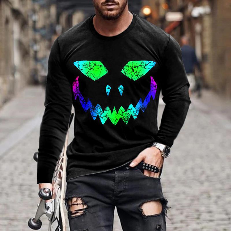 Flame Skull 3D Printed Streetwear Men's T-Shirts Long Sleeve Round-Neck Horror Halloween Man Tops Loose Gothic Round-Neck Tees