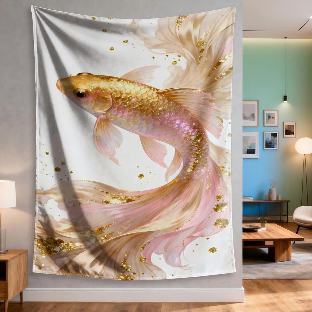 Golden Koi Tapestry  Elegant Fish Sparkling Design Soft Colors Polyester 5161 in for Bedroom or Dorm
