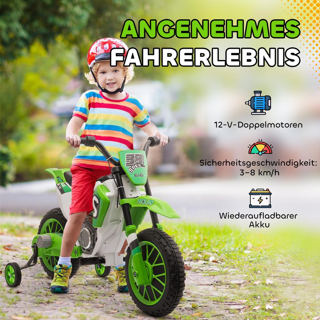 Kids Motorcycle, Electric Motorcycle, 45 Min Ride Time, with Training Wheels, from 3 Years, Green+White, 106.5 x 51.5 x 68cm