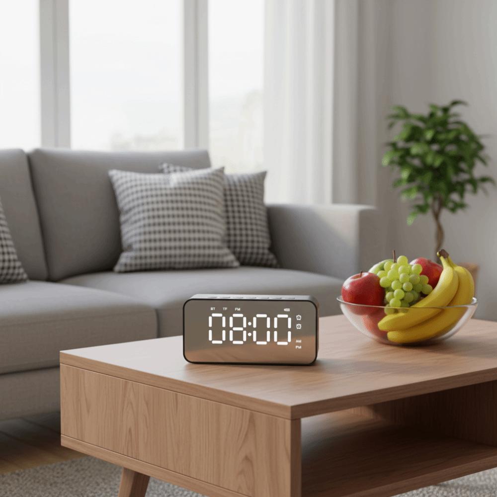 Digital Display Bluetooth Speaker Stereo Sound LED Mirror Clock Creative FM Radio Desktop