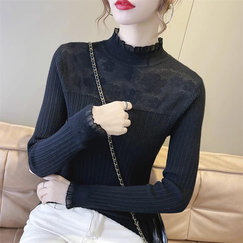 Women's Lace Top: Spring & Fall 2024 Long-Sleeve Knitted Sweater Pullover