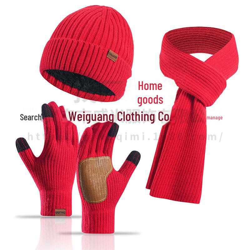 Зимний комплект из трех предметов: шерстяная шапка, шарф и кожаные перчатки в европейском и американском стиле для женщин — нескользящий