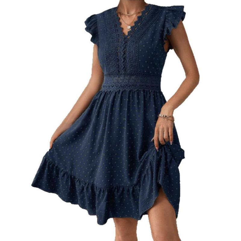 Кружевное кружевное пэчворк плиссированное V-образное декольте с небольшими рукавами-крылышками темпераментное элегантное платье