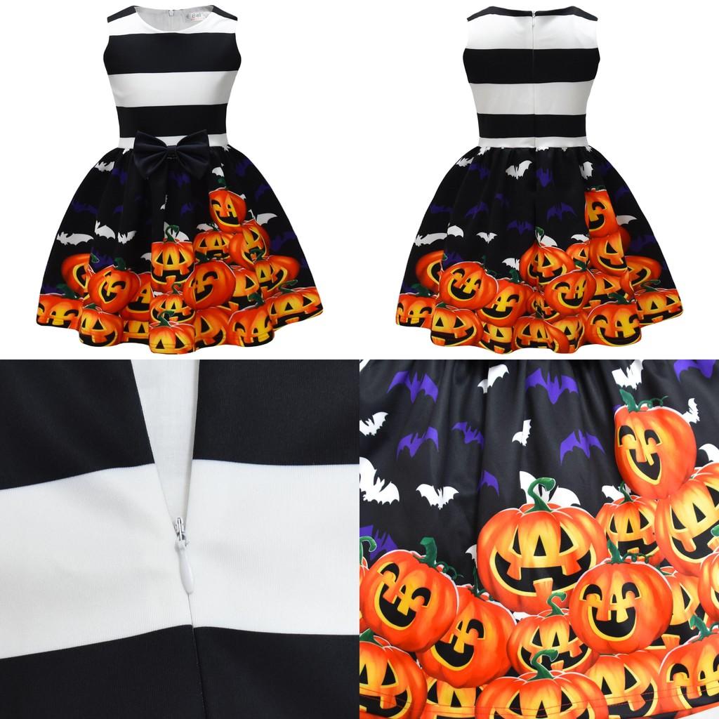 Smiling Pumpkin Print Girl Dress With Ruffle Aline For Toddlers