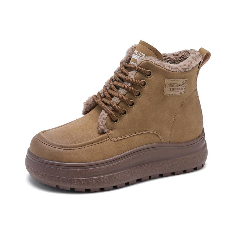 Женские нескользящие ботинки из овчины для снега осень/зима 2024 года: Теплые, толстые бархатные, ретро-хлопковые, короткие меховые сапоги на толстой подошве