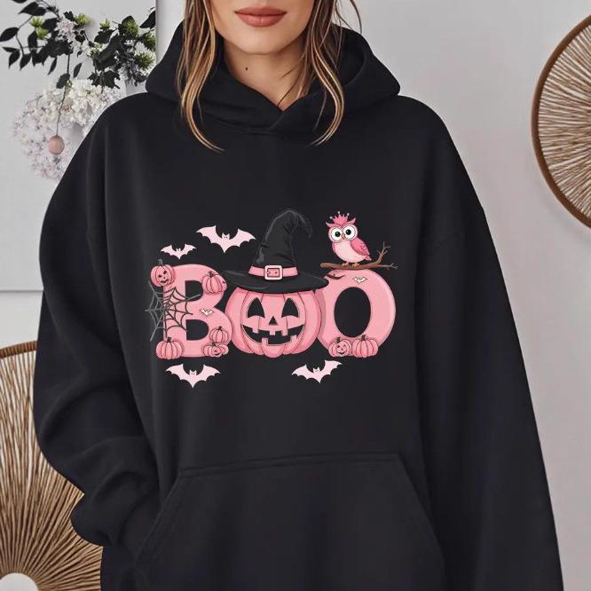 Розовая толстовка на Хэллоуин 2025 с надписью 'BOO', с длинным рукавом, свободного кроя, повседневный стиль для Европы и Америки