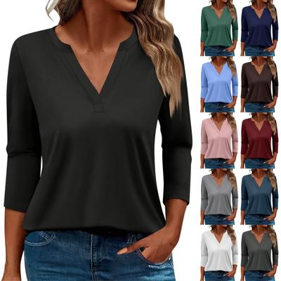 Жен. Футболка Футболка Сплошной цвет Рукав 3/4 Повседневные Выходные Мода Классический V-образный вырез Обычный Топ