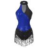 Womens Latin Dance Costume Sparkling Sequin Color Block Patchwork Bodysuit Sleeveless Fringed Leotard