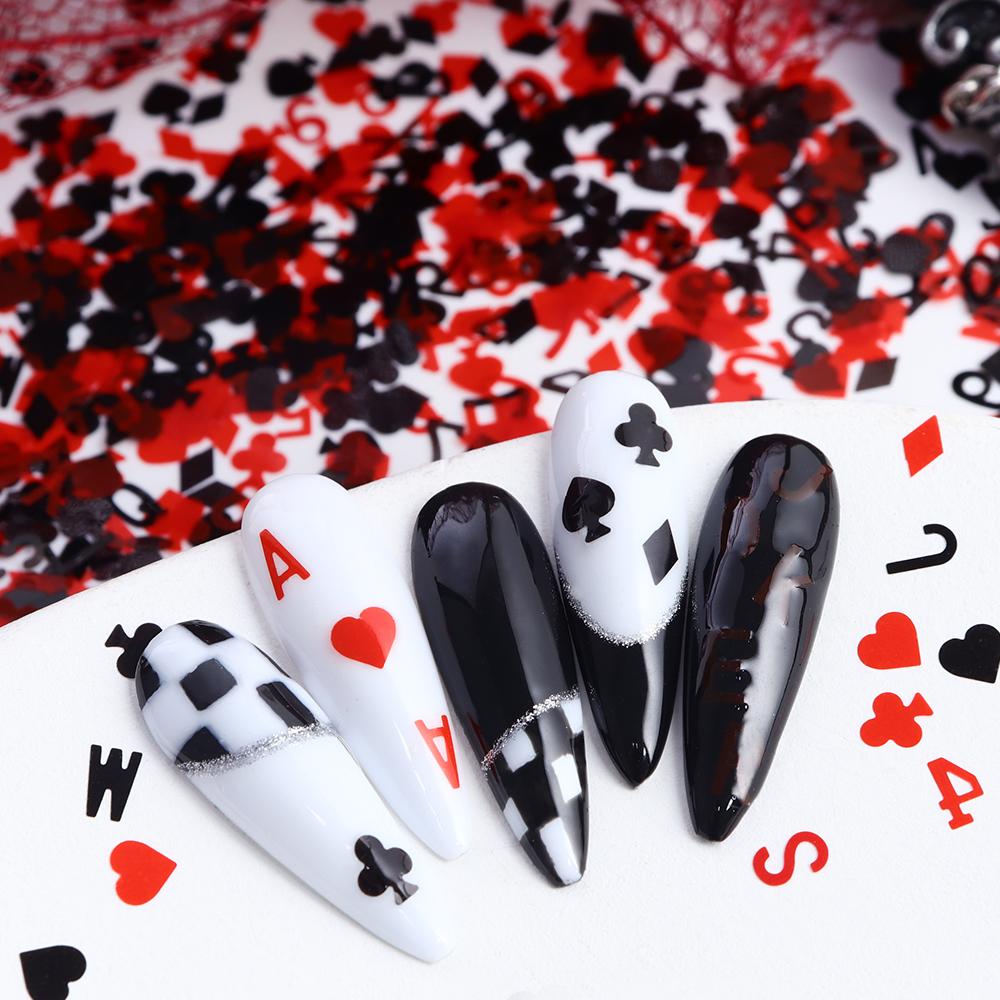 10g Red Black Nail Sequins Decorations 3D Poker Heart Numbers Letters Flakes for DIY Nail Art Supplies Nail Manicure Accessories