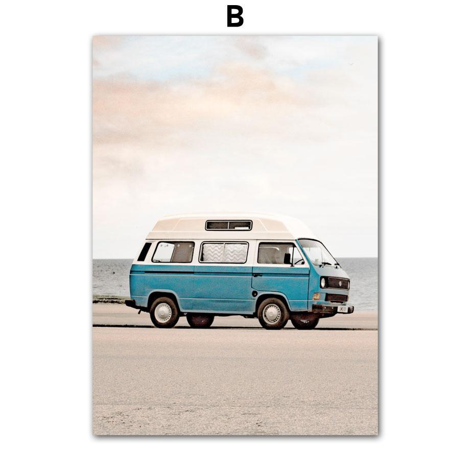 Автомобиль Чайка Шале Кокосовая Пальма Пляжный Пейзаж Настенная Картина на Холсте Плакат на скандинавскую тему и принты Настенная картина Декор в гостиную