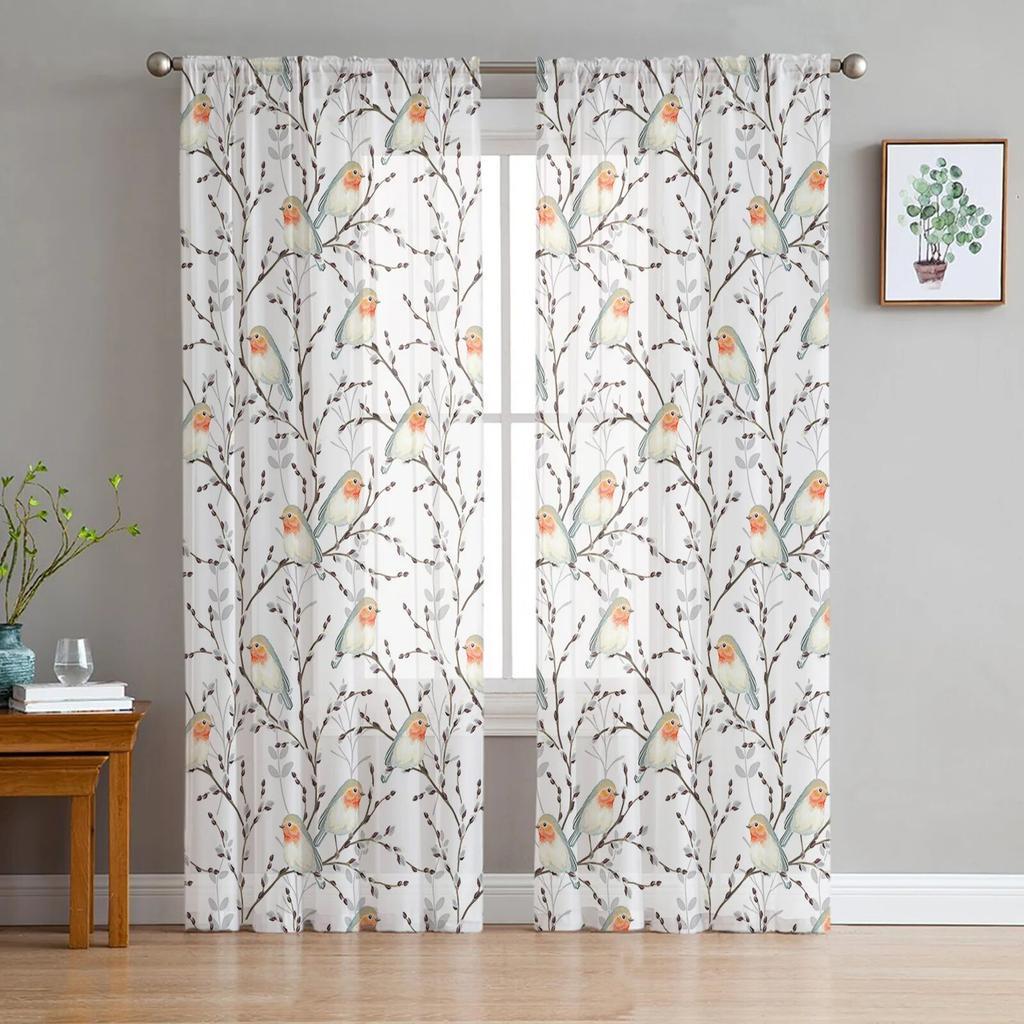 Тюлевые шторы «Ветка ивы и Робин» для гостиной, прозрачные занавески для спальни, рождественские жалюзи, вуаль, шторы
