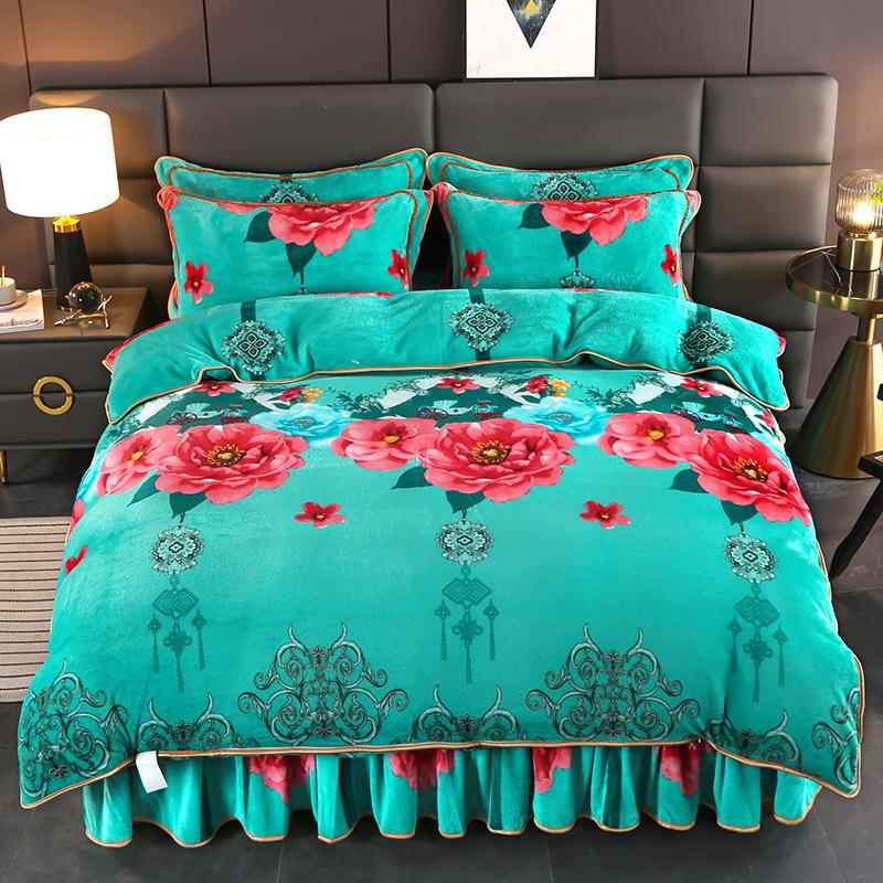 Комплект из 4 предметов плюшевого осенне-зимнего комплекта из утолщенного теплого флиса, простыни, пододеяльника с принтом, подзора для кровати, комплект для дома