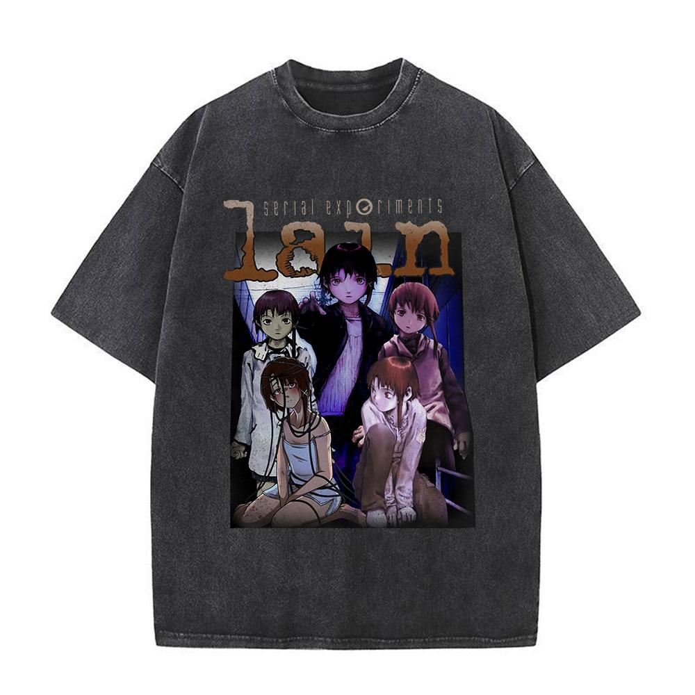 Serial Experiments Lain Anime Vintage Washed T-Shirt Manga Iwakura Girl Sci Fi Short Sleeve T-shirts 100% Cotton Casual T Shirt