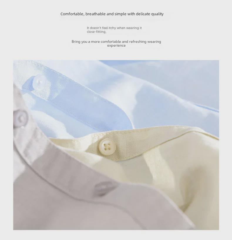 Мужская льняная рубашка темно-синего цвета с короткими рукавами — воротник-стойка, свободный крой, дышащая, универсальная, в японском ретро-стиле, повседневная.