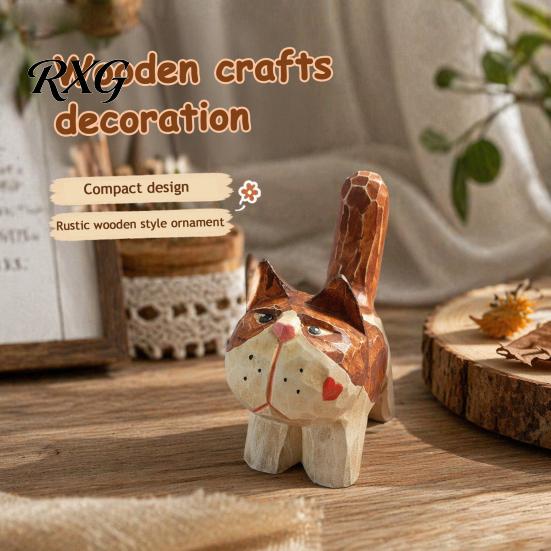 Artistic Home Accent Pieces Tabby Cat Wood Figurine with Painting, Hand Carved Basswood Retro Style Wooden Animal Sculptures Statue, Art Ornament for