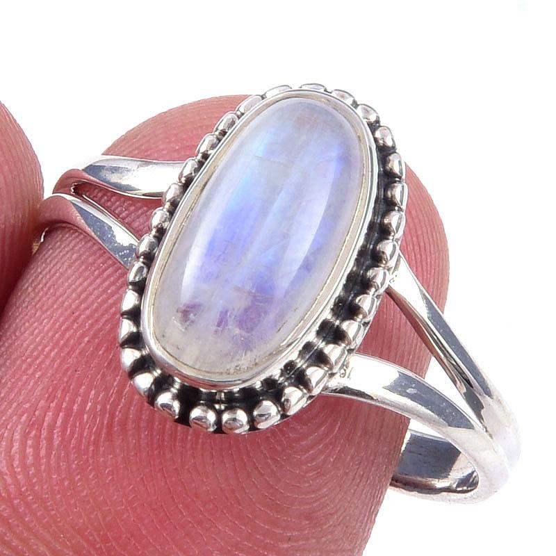 Natural Rainbow Moonstone Gemstone Handmade 925 Solid Silver Ring Size 9 W1K16