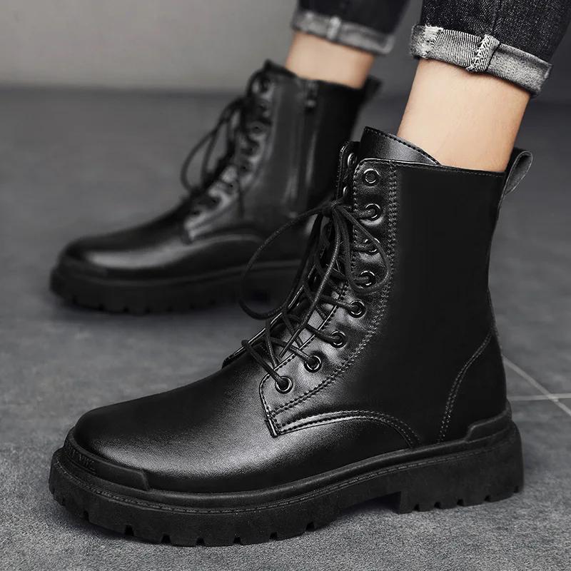 Fashion Men High Top Boots Fashion Motorcycle Boots Casual Leather Boots for Men Waterproof Work Boot Lace Up Platform Boot Botas Hombre