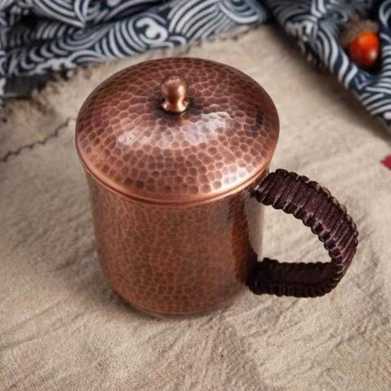 Винтажная медная кофейная кружка, с крышкой, кружка-тумблер Moscow Mule, утолщенная, с молотковой текстурой, плетёная ручка, 500 мл, пивная кружка, посуда