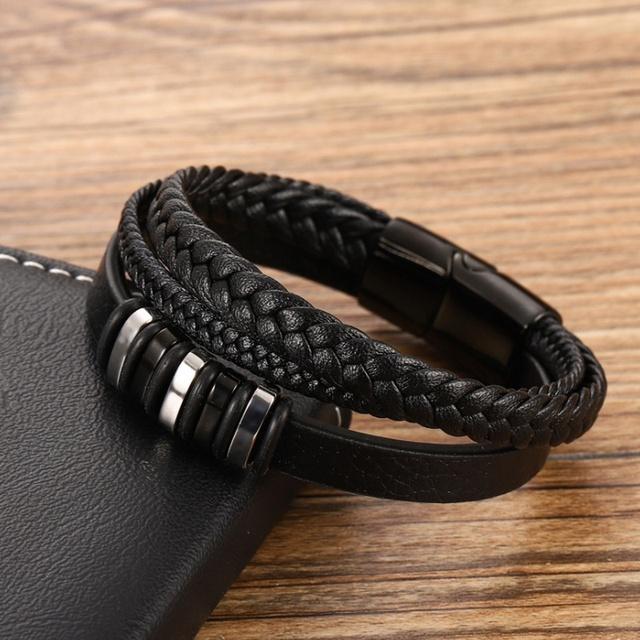 Fashion Classic Black Leather Braided Magnetic Buckle Bracelets for Men's Trendy Charm Casual Party Jewelry Gift
