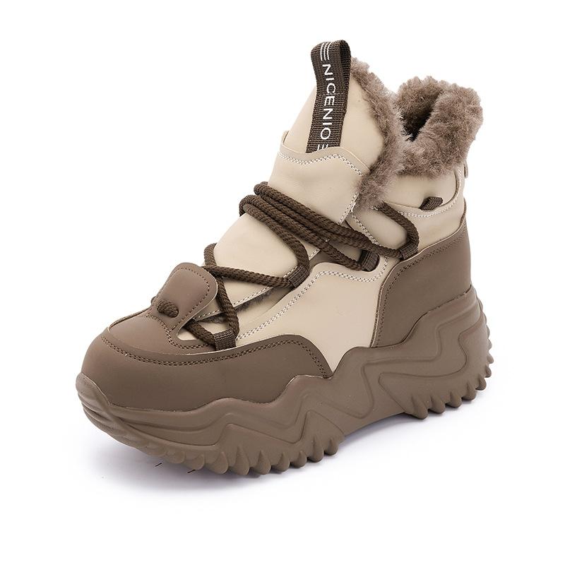 Sports Shoes High Top Thick Sole Inside Elevating Daddy Shoes Women's Casual Leather Shoes with Extra Thick Velvet