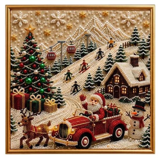 Sparkling 3D Painting Canvas DIY Christmas Faux Pearl Art Kit with Frame, Santa Stress Relief Crafting Activities Beads Craft for Adults Beginner,