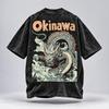 Японская футболка унисекс оверсайз Okinawa Japanese Dragon, с эффектом стирки снегом, японский стритвир, принт на спине, тренд 2025, токийская мода, футболка с драконом