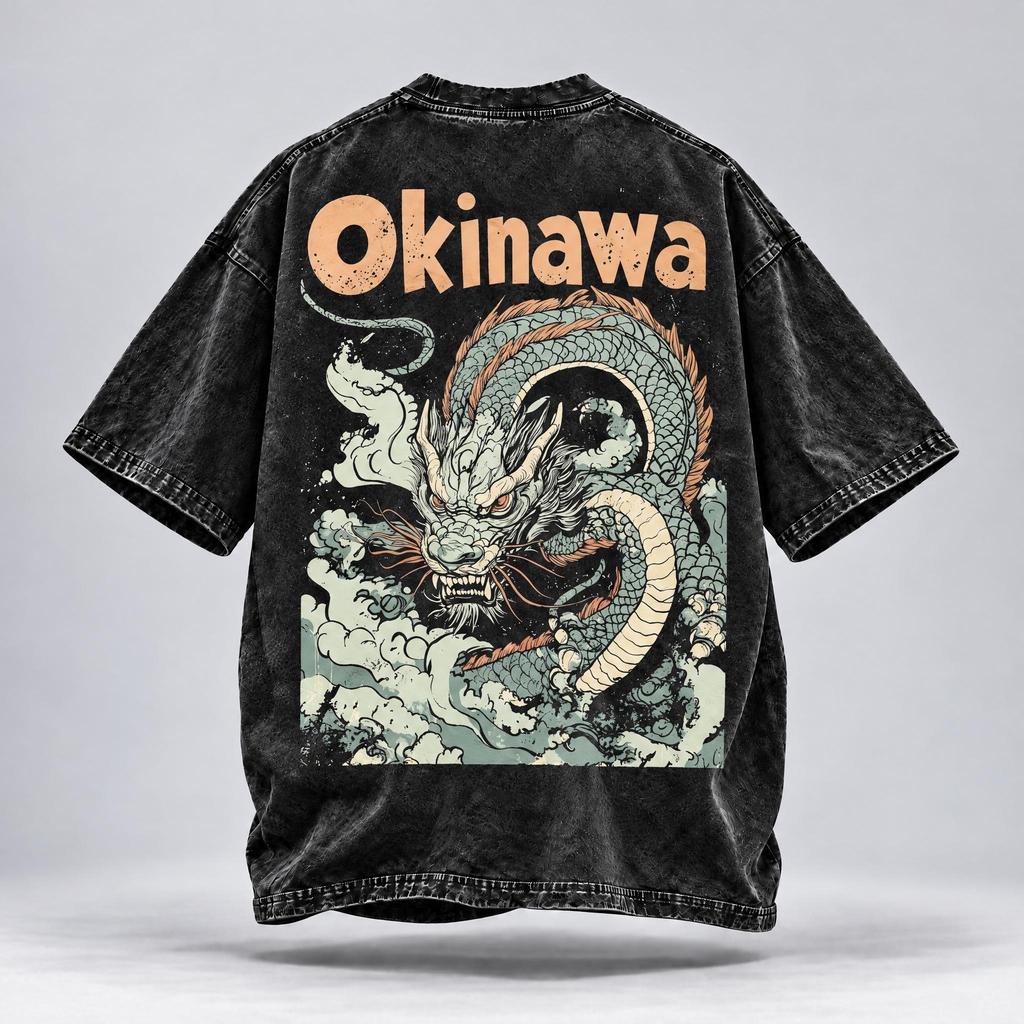 Японская футболка унисекс оверсайз Okinawa Japanese Dragon, с эффектом стирки снегом, японский стритвир, принт на спине, тренд 2025, токийская мода, футболка с драконом