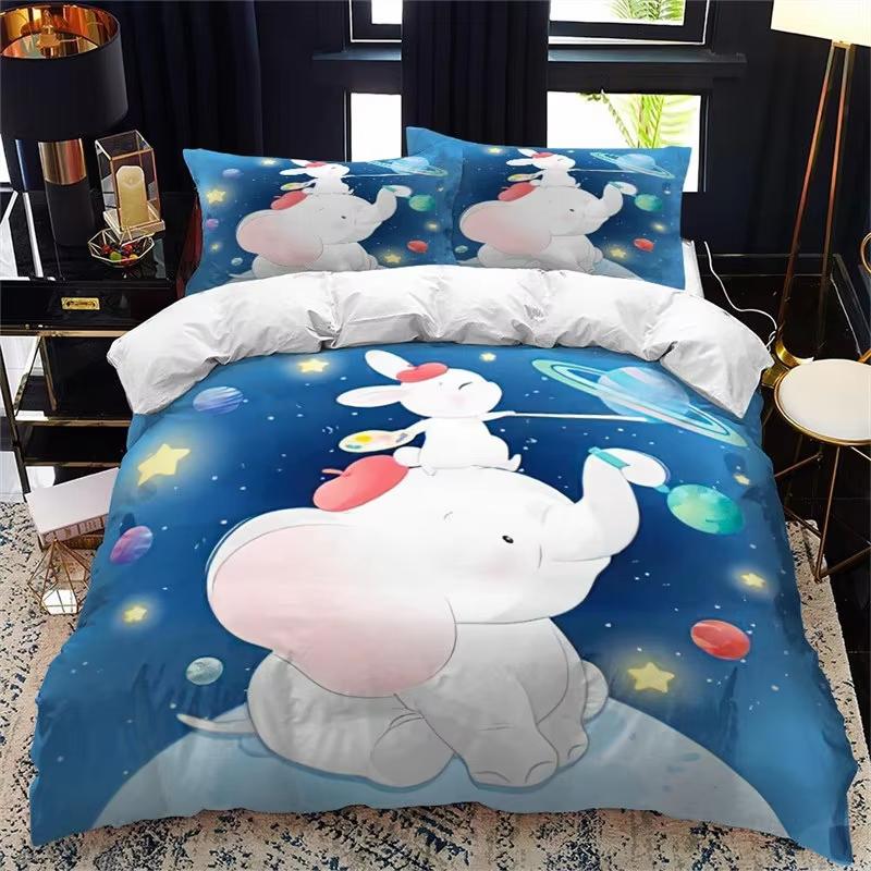 Kawaii Elephant Duvet Cover Set Cute Animals Quilt Cover Twin Queen Soft Microfiber Cartoon Bedding Set For Boys Girls Room Dorm